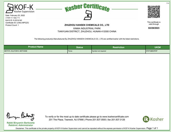 China Zhuzhou Hansen Chemicals Co.,Ltd Certificações