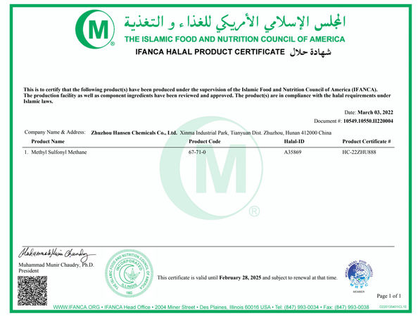 China Zhuzhou Hansen Chemicals Co.,Ltd Certificações
