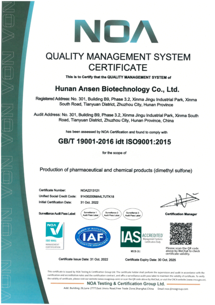 China Zhuzhou Hansen Chemicals Co.,Ltd Certificações