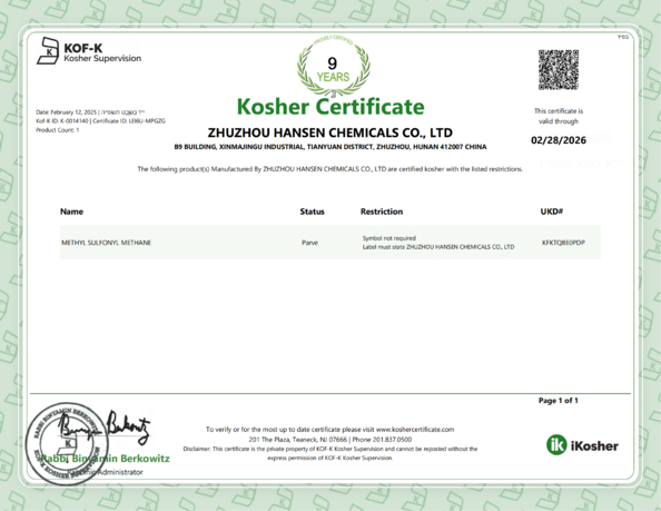China Zhuzhou Hansen Chemicals Co.,Ltd Certificações